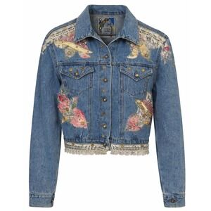 Vintage Gazoz Boho Denim Jacket Beaded Lace Cottagecore M Coastal Cowgirl